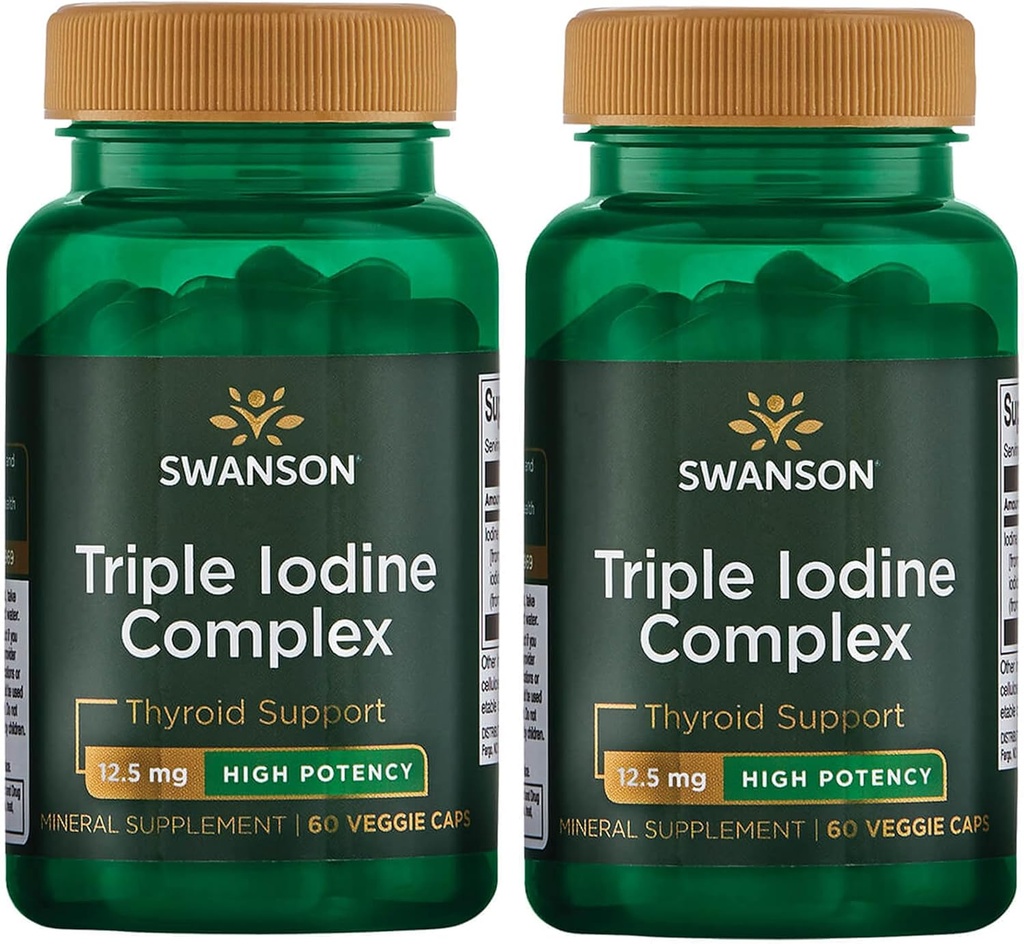 Swanson Tripla jód Complex- Natural Supplement for Vital Thyroid Support- Promotes Metabolic Function, Fokozott vörösvérsejt termelés, & Heart Health- (60 Veggie Capsules, 12,5mg, Each) 2 Pack