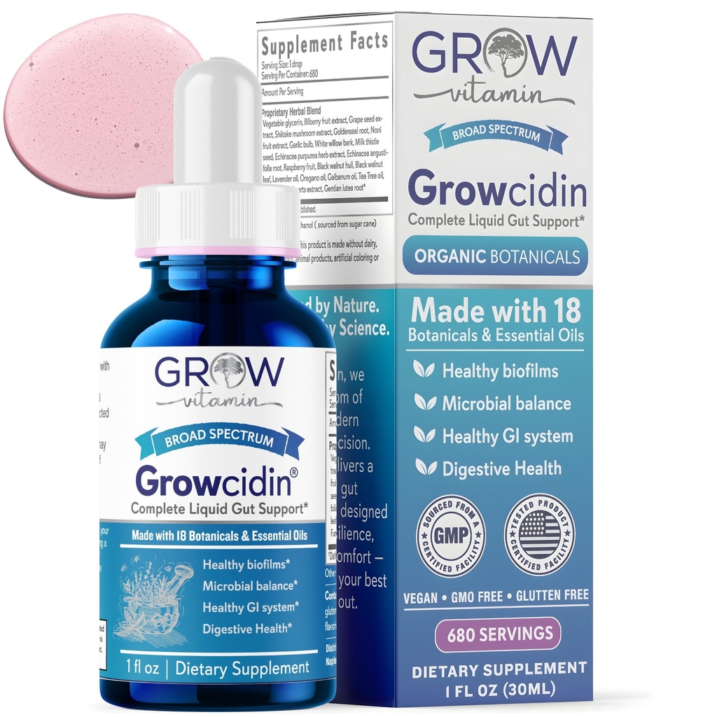 grow vitamin Growcidin, Complete Liquid Gut Support, Made with 18 botanicals & Essentials Oils, 680 Servings