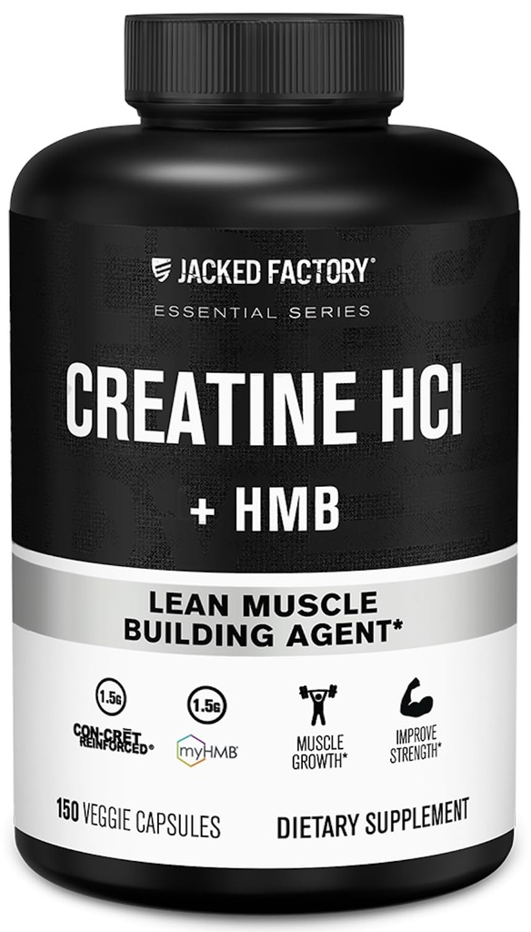 Jacked Factory Creatine HCL + HMB Kapseln - Synergistische CON-CRET, myHMB, & Vitamin D Formel für verbessertes Wachstum, Stärke, & Reduzierte Muskelaufschlüsselung - 150 Kapseln