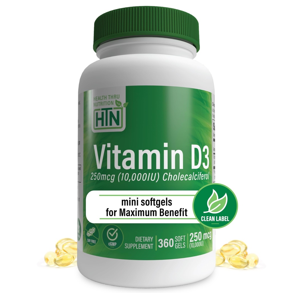 Gesundheit Thru Nutrition Vitamin D3 10.000iu 360 Mini Softgels für maximale Leistung Jahr Versorgung | 250mcg Cholecalciferol | 3rd Party Getestet | Non-GMO USP Grad in Bio-EVOO | Immungesundheitsunterstützung