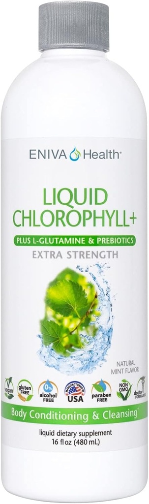 Eniva Health Liquid Chlorophyll Super Greens | 24K MG mit Prebiotic & L-Glutamin | Mint Flavor | Haut, Immunität, Energie, Detox, Gut Health | Vegan, Gluten & Alkoholfrei | 48 Servierungen | USA Made