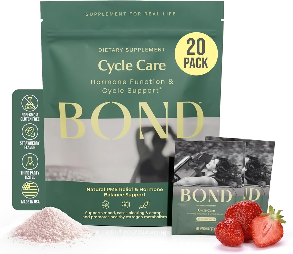 BOND Cycle Care – PMS Support Supplement & Hormone Balance für Frauen – Cortisol Reducer mit Ashwagandha, L-Tryptophan, Magnesium, Cramps & Mood Relief, Erdbeer-Getränk-Mix - 20 Travel Packs