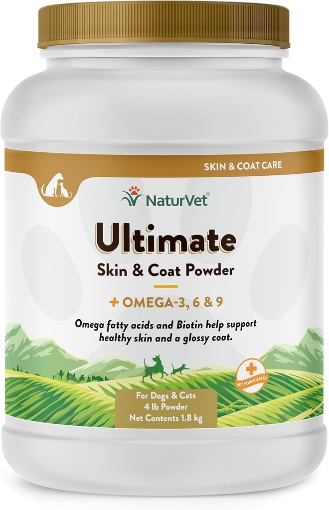 NaturVet Ultimate Skin & Coat Puder Ergänzung für Hunde & Katzen – Inklusive Omegas 3, 6, 9, Biotin, Vitamine – Für gesünde Hundemäntel, Katze Haut – Tasty Food Topper für Haustiere – 4 lbs.