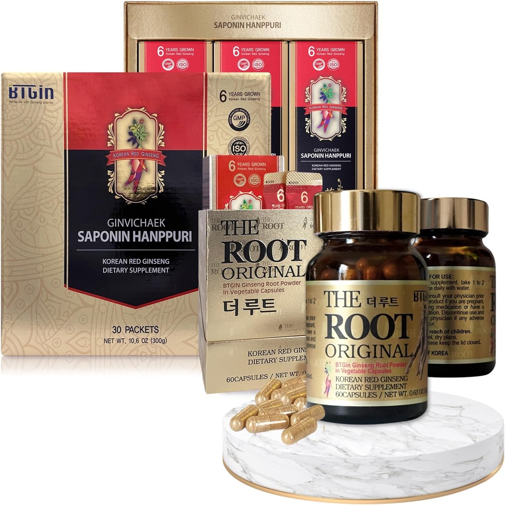 Koreai Red Ginseng kivonat 3000mg és kapszula Bundle - Saponin Hanppuri + The Root Original - Natural Energy Supplements for Immune Support, Stress Relief, Focus & Mental Clarity with Ginsenoside Rg3