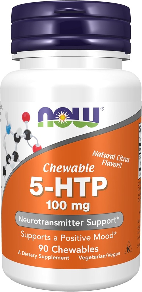 NOW Foods Supplements, 5- HTP (5- hidroxitriptofán) 100 mg, Neurotranszmitter Support *, 90 rágótabletta