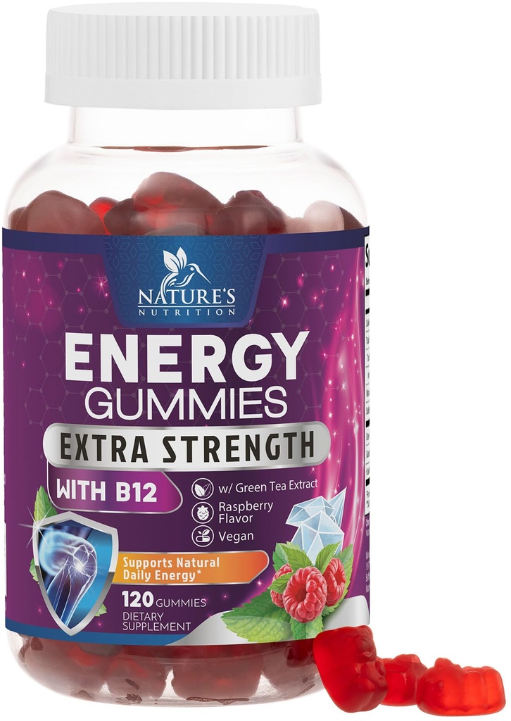 Energy Gummis 1000mcg - mit Vitamin B12, Green Tea Natural Caffeine Support, Daily Energy Gummis - Delicious Berry Flavor B12 Chewable Übungsergänzung für Running Cycling & Sports - 120 Chews