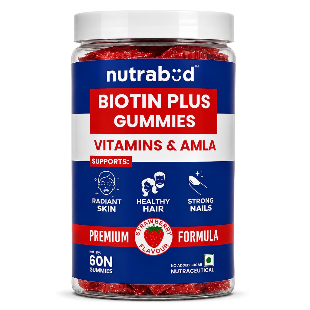 Nutrabud Biotin Hair Gummies For Women, Men | No Added Sugar | For Healthy Hair Growth, Skin Glow & Strong Nails | Strawberry Flavor Veg Gummy Bear Supplement - 60 Count (Pack of 1)