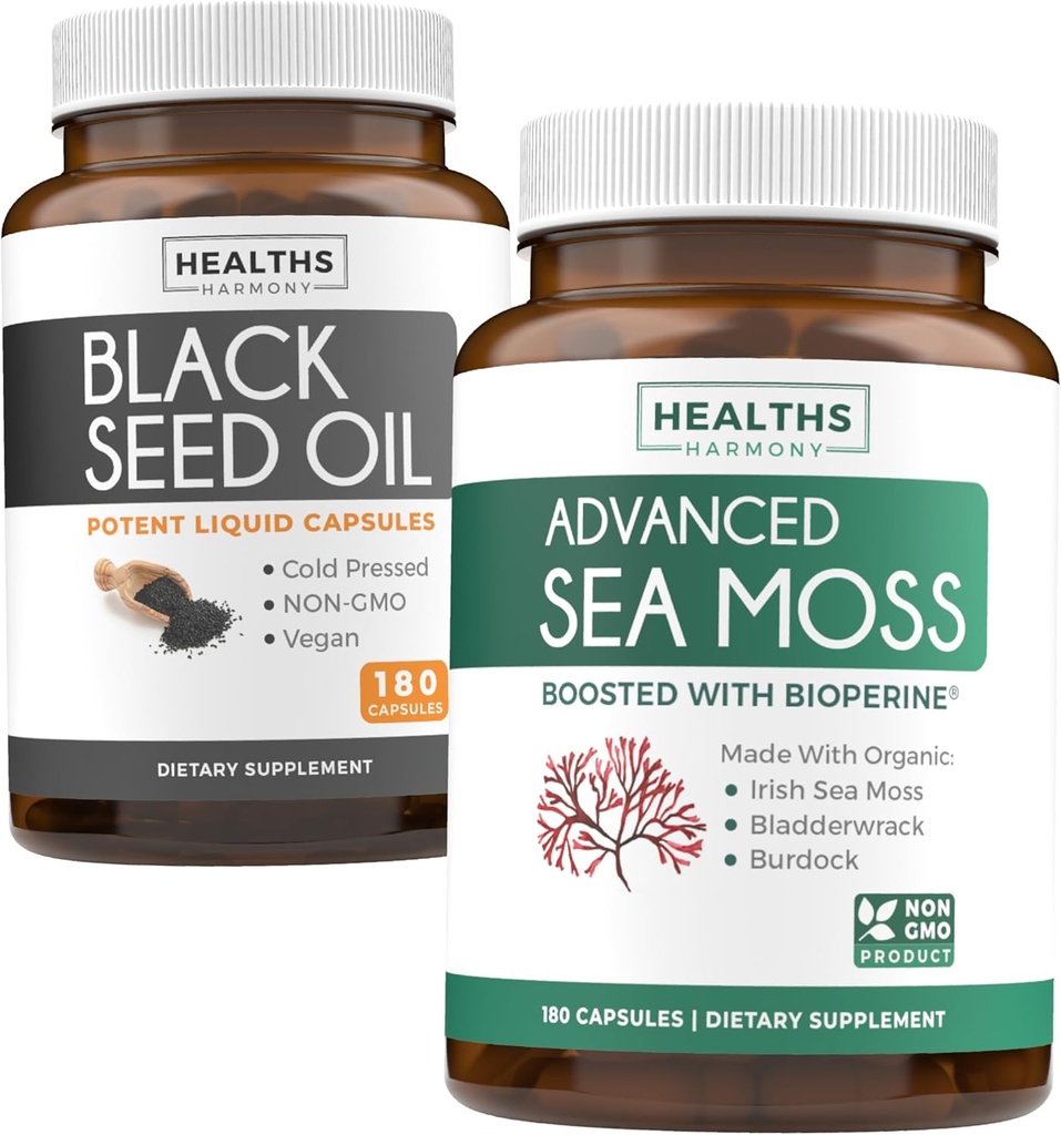 Fekete magolaj és ír-tengeri moha (3 hónapos ellátmány) - Power Duo Bundle of Black Seed Oil (180 kapszula) Cold- Pressed Nigella Sativa & Irish Sea Moss (180 kapszula) Bioperinnel és Bladderwrackkel