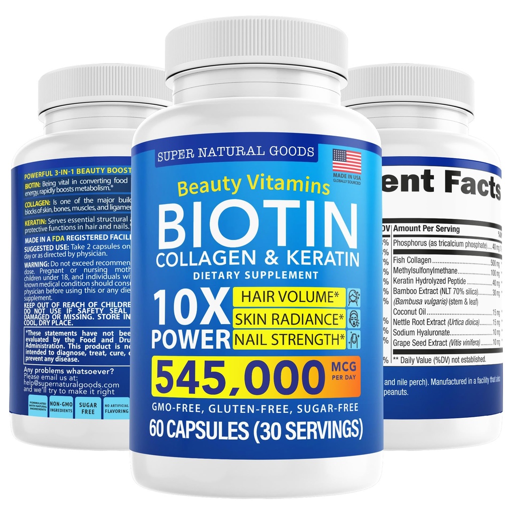 Biotin und Kollagen Vitamine + Keratin mit Folat - Haarausfall Behandlungen für Frauen & Männer - Follikel, Haut und Nägel Ergänzungen für Haarwachstum & Postpartum Unterstützung - GMO Free & Gluten Free (60 Caps)