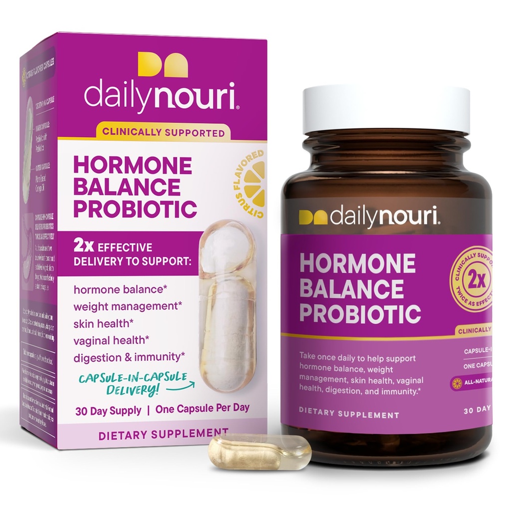Daily Nouri Hormone Balance Probiotic für Frauen | Unterstützt gesundes Estrogen, PMS, PCOS, Perimenopause, Vaginal pH, Hefe, Gut Health, Haut und Immunität | 7 Strains + Vegan Omega Öl | 30-Tag Versorgung