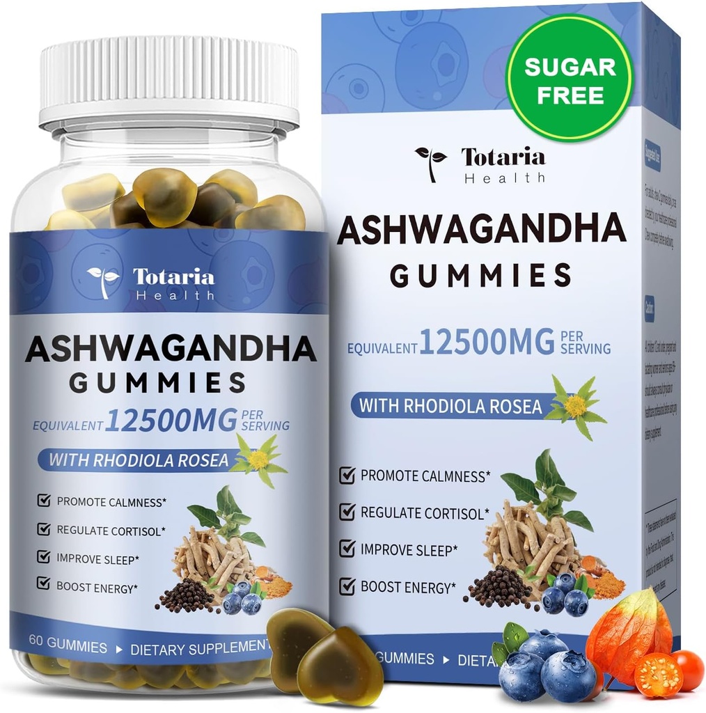 Totaria Sugar Free Ashwagandha Filled Gummies 2500mg w/Vitamin D3, Magnesium Glycinate, Rhodiola, Ultra Strength Ashwa Root Supplements für Damen & Wen, für Entspannung, Energie, Blueberry Flavor