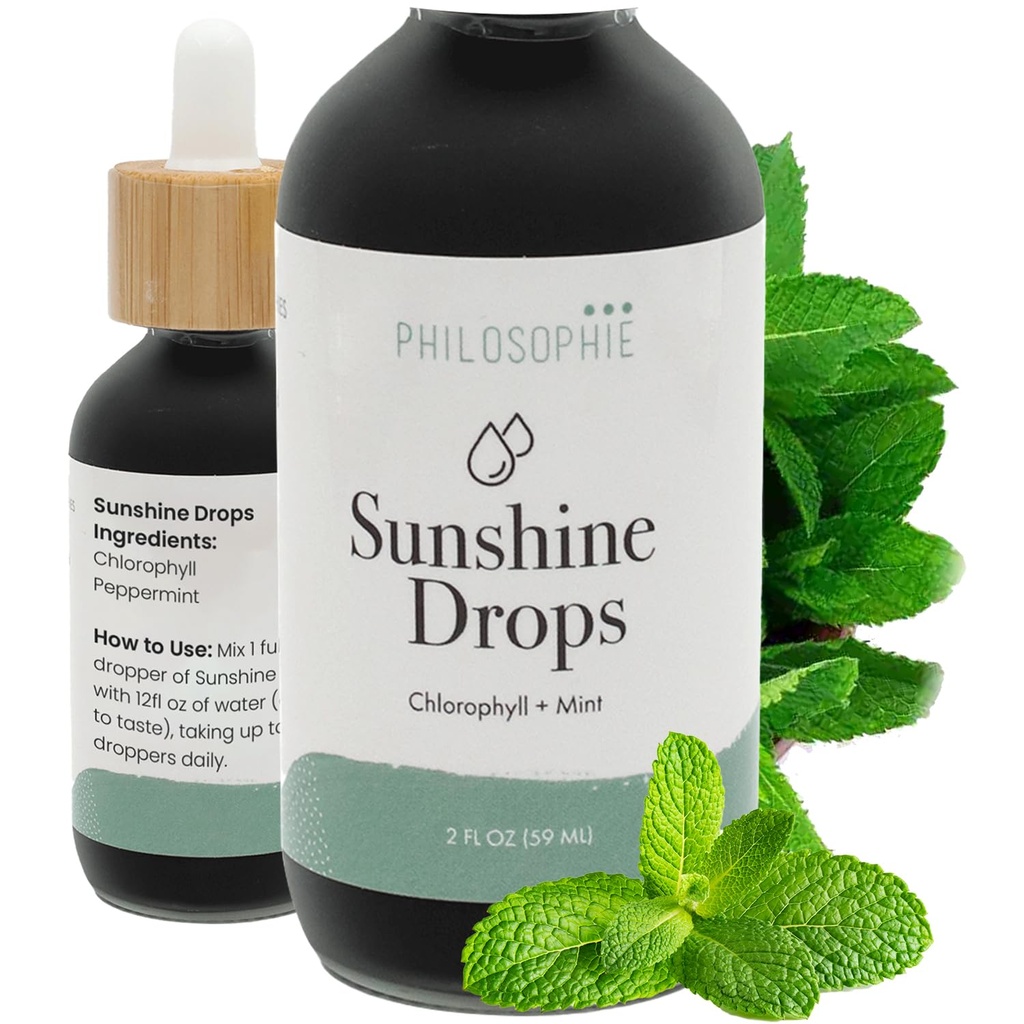 Philosophie Flüssige Chlorophyll Sonnenschein Tropfen für Wasser | Organische Chlorophyll Tropfen mit Minze für Detox, Interne Deodorant & Energie Boost | Natürliche Vegan-Ergänzung, Non-GMO, 2oz