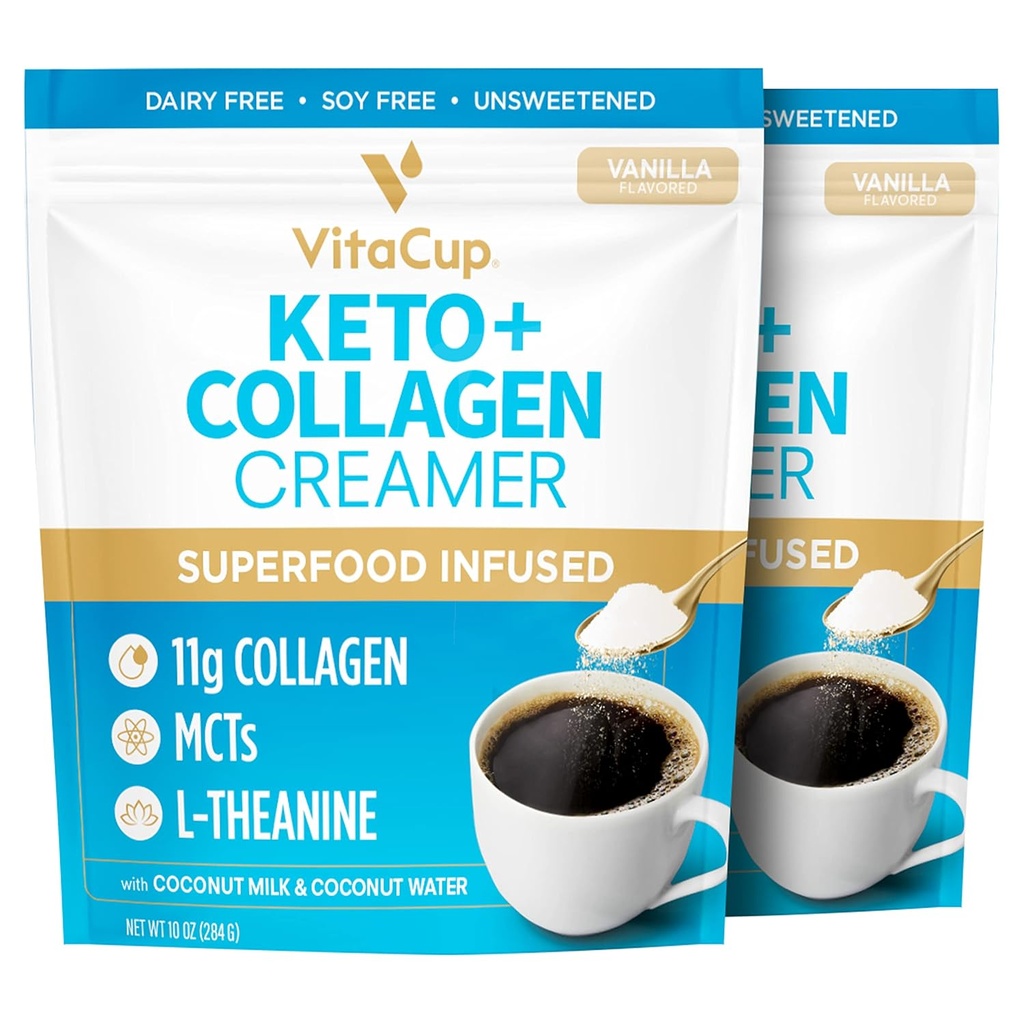 VitaCup Keto + Collagen Coffee Creamer Vanilla Flavor w/MCT, Collagen Protein, Coconut Water, L-Theanine für Keto Diät, Kaffee, Smoothies, & Shakes, Dairy-Free, Gluten-Free, Soy-Free, 2 Taschen, jeweils 10oz