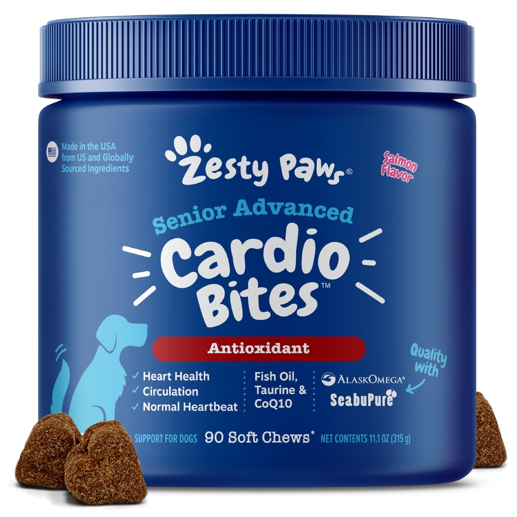Zesty Paws Cardiovascular Support for Senior Dogs - Taurine for Dogs - with CoQ10, L Carnitine & Sea Buckthorn - Heart Health - AlaskOmega Fish Oil Omega 3 - Salmon - 90 Count