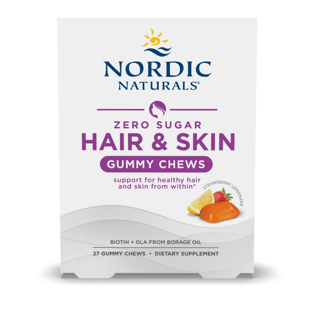 Nordic Naturals Zero Sugar Hair & Skin Gummy Chews, Strawberry Lemonade - 27 Gummy Chews - Biotin + GLA von Borage Oil - fördert gesunde Balance von Fetten in der Haut - Non-GMO - 27 Portionen