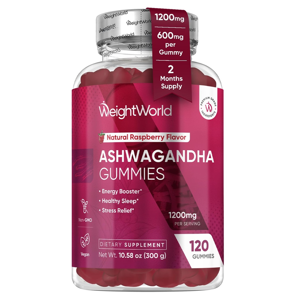 WeightWorld Ashwagandha Gummies for Stress Relief, Healthy Sleep & Energy Booster | 120 Count (2-Month Supply) | Vegan Adaptogen Ashwagandha Supplements, Natural Raspberry-Flavor, Non-GMO, Gluten-Free