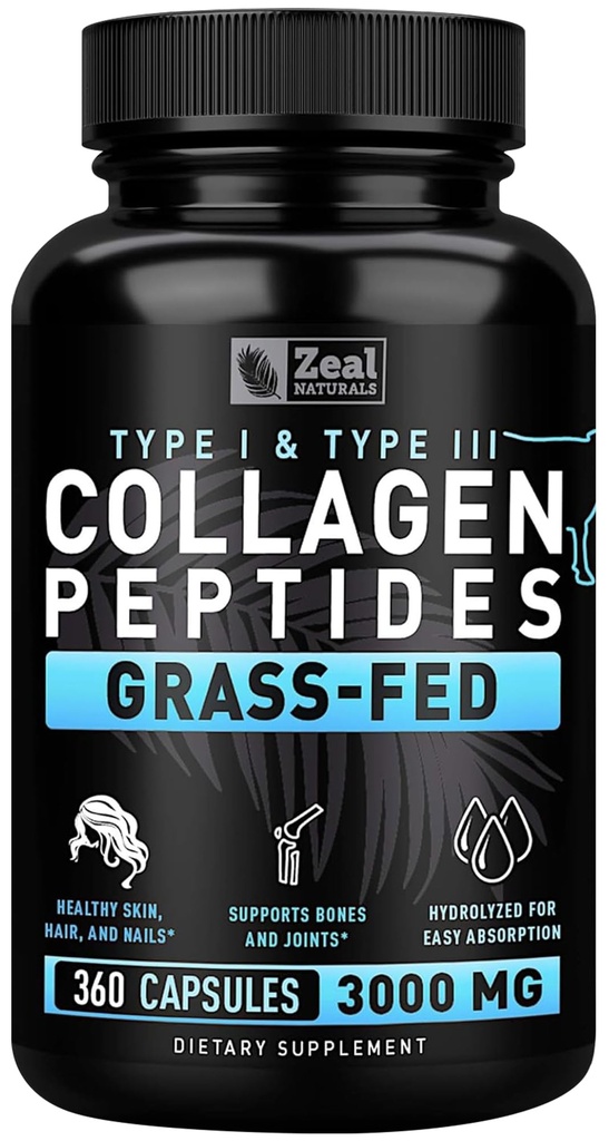 Zeal Naturals Collagen Peptide Collagen Pillen (360 Kapseln) Gras Fed Collagen Pepetide Powder - hydrolysiertes Kollagenpulver für JointTendon SupplementHair Skin und Nägel -