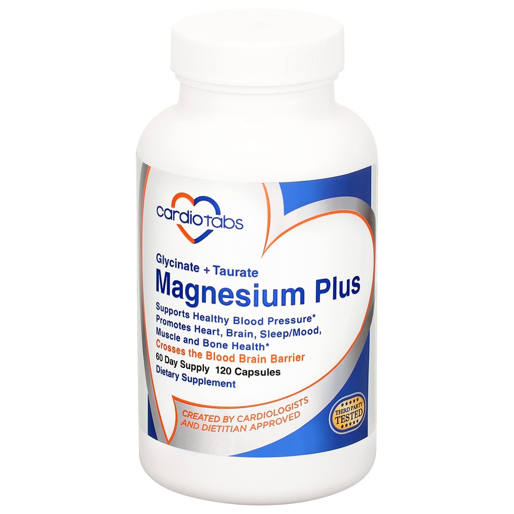 Magnesium Plus – 200 mg of Magnesium Glycinate and Magnesium Taurate for Blood Pressure, Heart, Brain, Sleep & Mood Support – Highly Concentrated and Well Absorbed - 120 Capsules