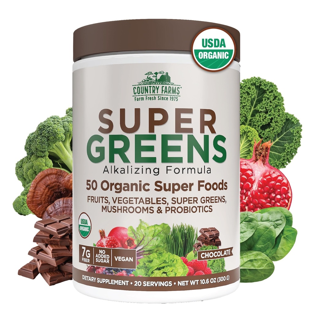 Country Farms Organic Super Greens Chocolate Flavor, 50 Bio Super Foods, USDA Organic Drink Mix, verpackt mit Faser, Früchte, Gemüse, Pilze & Probiotika, Unterstützt Energie, 7g Fiber