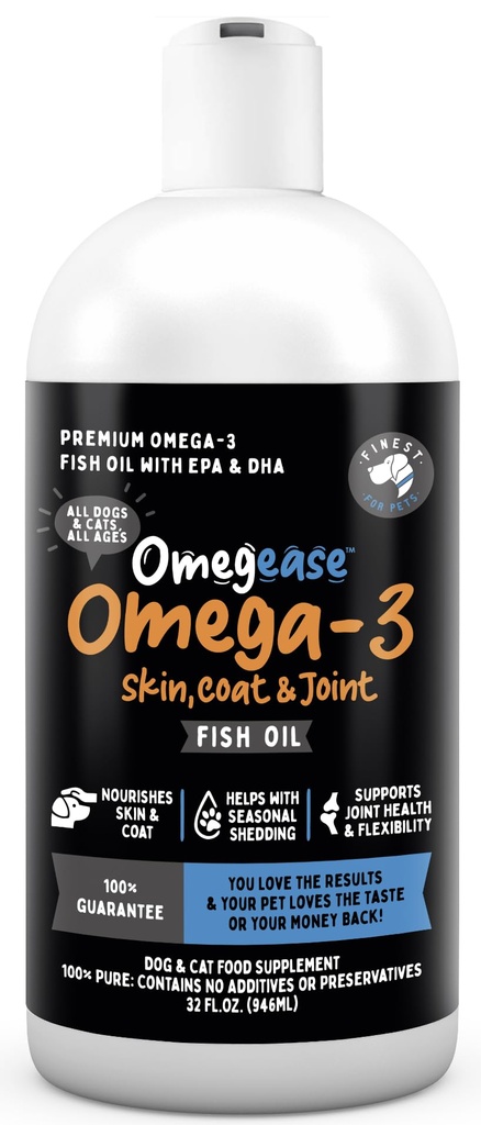 100% Pure Fish Oil for Dogs & Cats (1,545mg Omega 3 per Teaspoon) 32oz. Loaded with EPA & DHA for Joints, Skin & Coat, Itching, Heart & Immune Health. Stronger Than Salmon Oil. Unflavored Omegease.