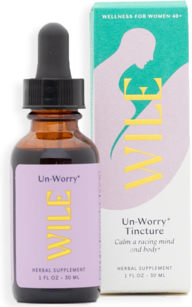 WILE Un-Worry Tincture für Frauen - ruhig, Fokus & Stimmung Unterstützung Ergänzung Flüssigkeit mit Heiligem Basilikum, Bacopa & Reishi, Kräuter Perimenopause, Menopause, Hormonelle Unterstützung Tropfen für Stress, 1fl oz