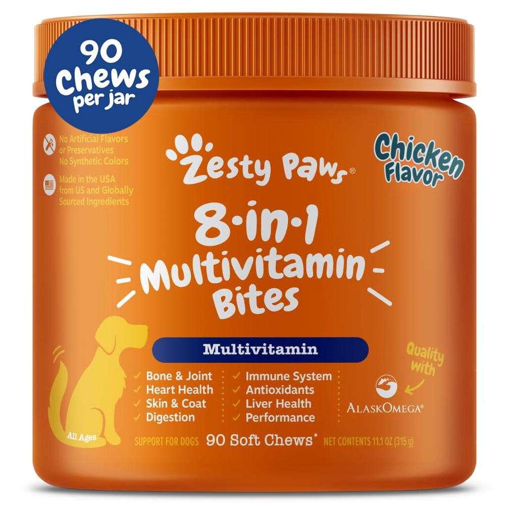 Zesty Paws Hund Multivitamin, Kaubare Hunde Vitamine und Ergänzungen für Hip & Gelenke, Haut & Mantel, Omega 3 Fischöl für Hunde- Senior & Welpen Multivitamin- Huhn- 90
