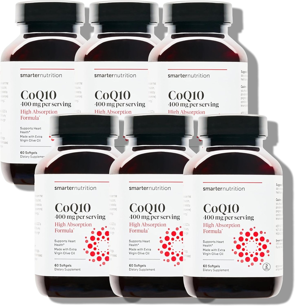 SMARTERNUTRITION CoQ10 400 mg Hohe Absorption - Natürlich vergoren Ubichinon w/Organic kaltgepresstes Olivenöl - für Herzgesundheit, Cellular Energy - Non-GMO, Glutenfrei - 360 Count[180-Day Supply]