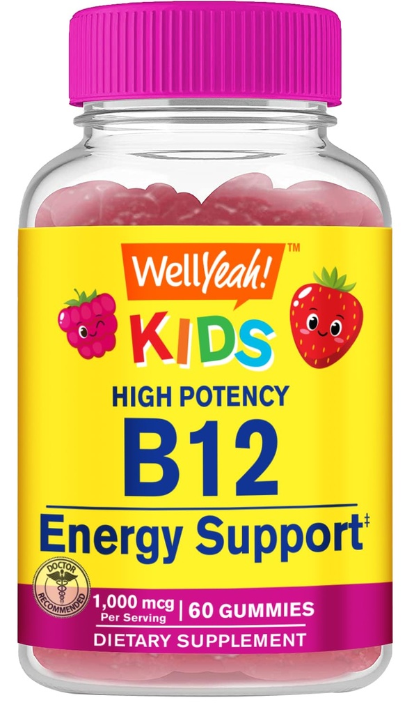 WellJa Vitamin B12 Gummi für Kinder - Boost Energy, Verbesserung der Gehirnfunktion und Stärkung Immunsystem - Non-GMO, Gluten-Free - Great Tasting Berry Flavor - einfach zu kauen - 60 Gummies