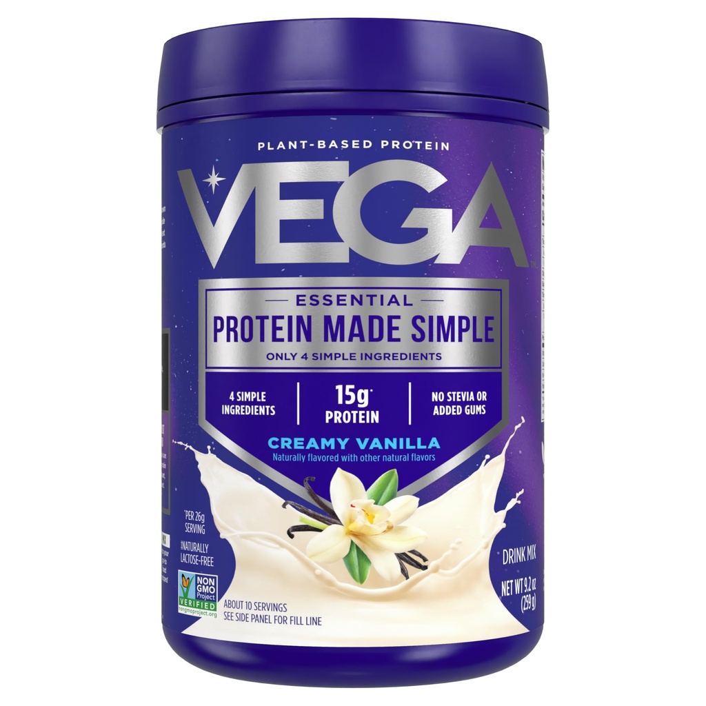 Vega fehérje készített egyszerű fehérje por, Vanilla - Stevia Free, Vegan, Növényalapú, Egészséges, Gluten mentes, Borsó fehérje nőknek és férfiaknak, 9.2 oz (csomagolás május Vary)