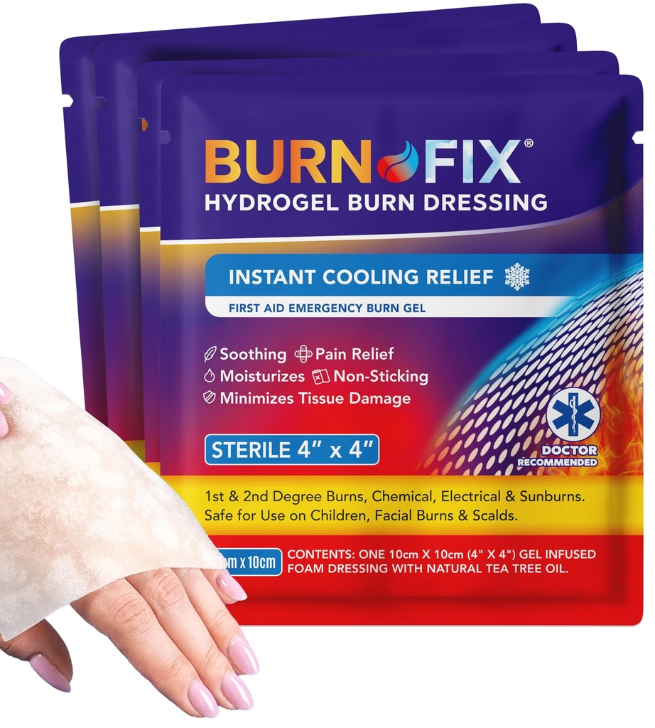 BurnFix ® - 4 csomag- Burn Gel Dressing 4 x 4 "Burn Care First Aid kezelés. Azonnali fájdalom enyhítése hydrogel égési ruha 1. fokú égési, borotva és napsütés otthon, munka, tűz, EMS