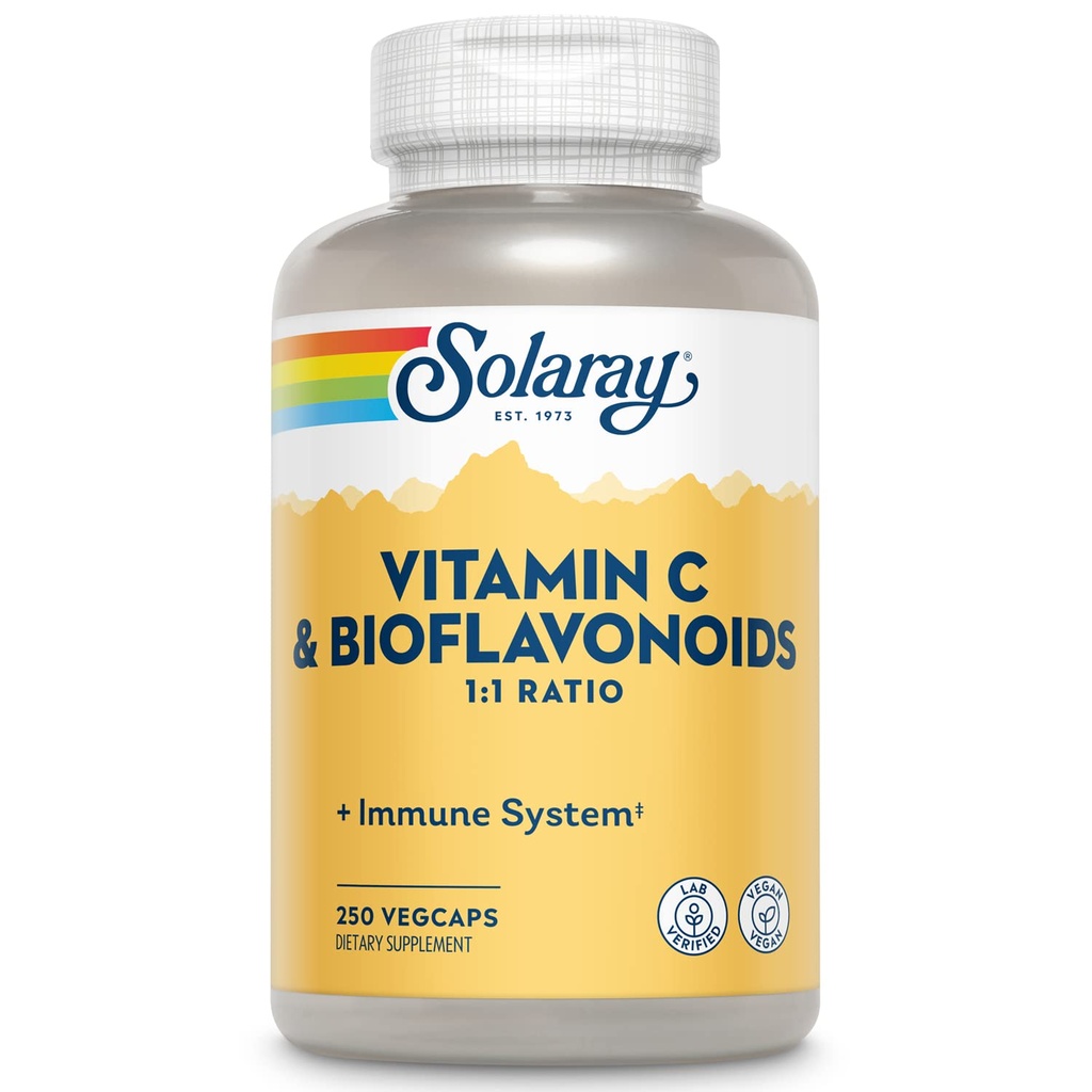 SOLARAY Vitamin C 500mg mit Citrus Bioflavonoiden, 1:1 Ratio - Antioxidans und Immununterstützungsergänzung - Vitamin C mit Rose HIPS und Acerola, Vegan, 60-Tage Garantie, 125 Servietten, 250 VegCaps