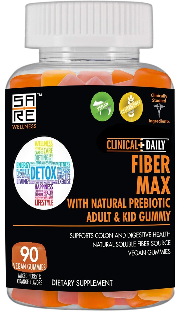 CLINICAL DAILY Fiber Max, Vegan High Fiber Gummis für Erwachsene und Kinder. Aufnahmehilfe für Erwachsene und Kinder. Präbiotische Inulinfaser-Ergänzungsgummis. 90 Glutenfreie Laxative Gummis für Gutreparatur