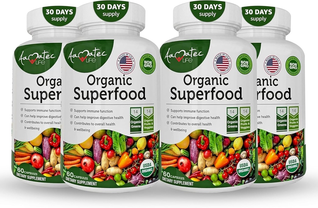 Organic Superfood Greens Fruits and Veggies Complex - beste Nahrungsergänzung mit 14 Greens und 14 Obst- und Gemüsesorten mit Alfalfa & Antioxidant Organic Ingredients Non-GMO 240 Kapseln