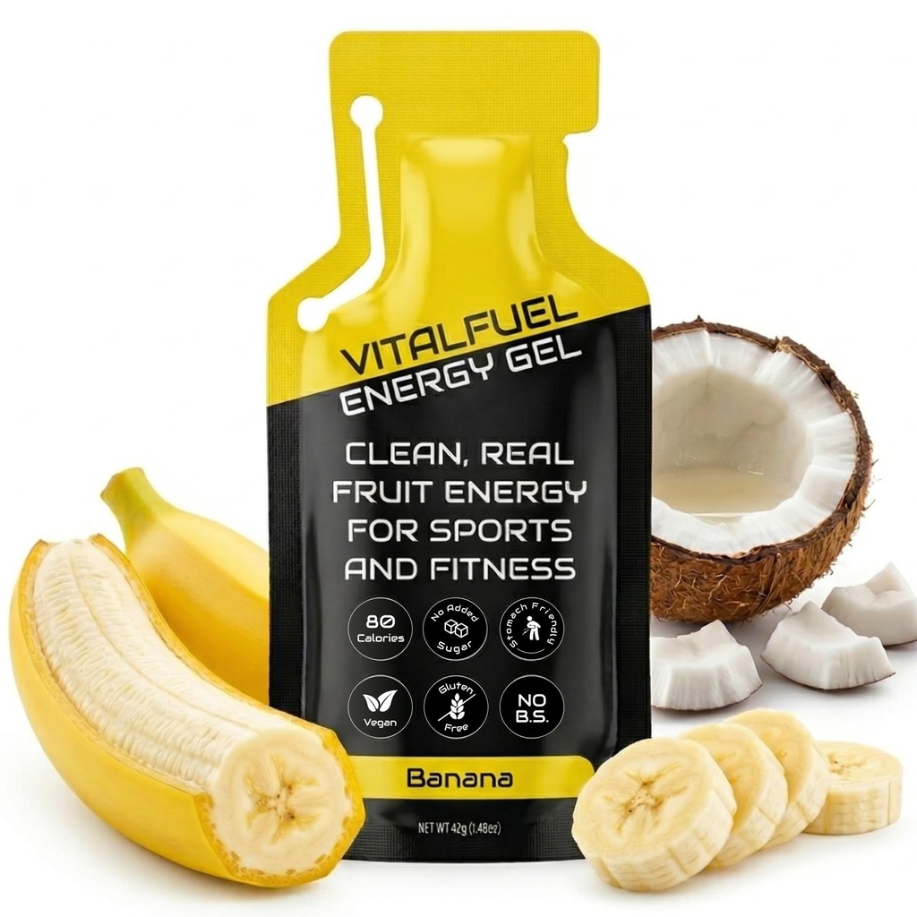 Real Banana Stomach Friendly Energy Gel for Runners, Cycling and Exercise | 24 Energy Gel Packs, 20 g Real-Fruit Carbs & Potassium, 80 Calories, Vegan, Gluten Free, No Sugar or Caffeine Endurance Fuel