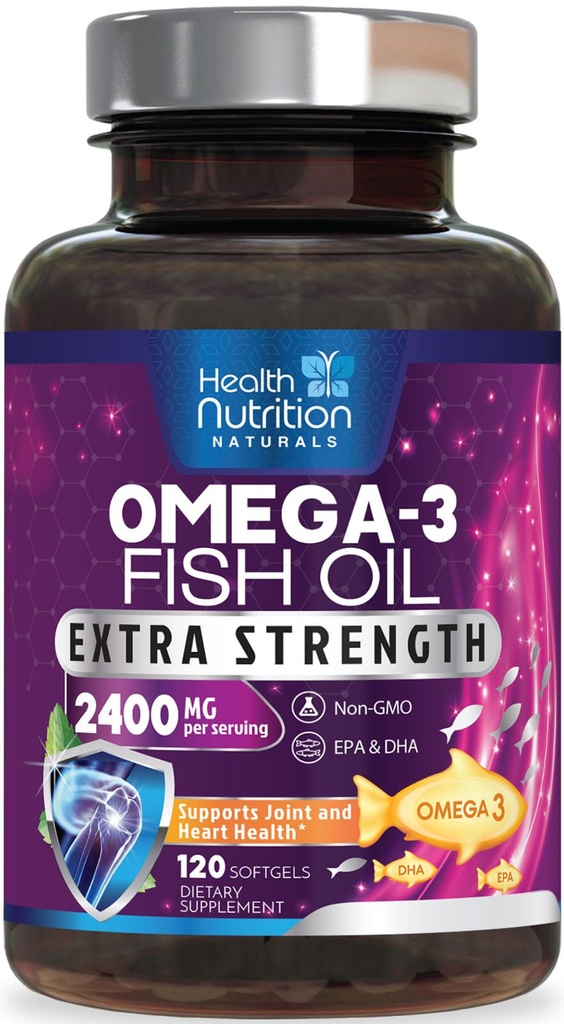 Omega 3 Fischöl 2400 mg - Dreifache Stärke Omega3, EPA & DHA-Fettsäuren-Ergänzung - Natürliche Unterstützung für Immun-, Herz- und Hirngesundheit - Wilde Gefangene, Non-GMO, Zitronen-Flamvor, Burpless - 120 Softgels