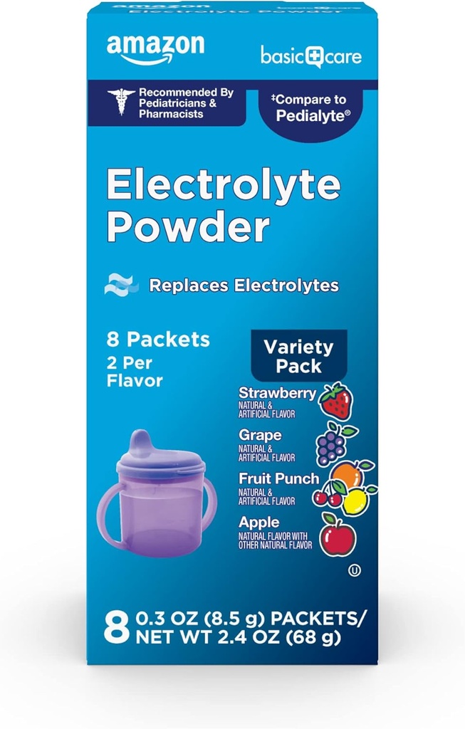 Basic Care Electrolyte Powder Variety Pack, Alma, Gyümölcs Punch, Grape, Strawberry, 8 gróf