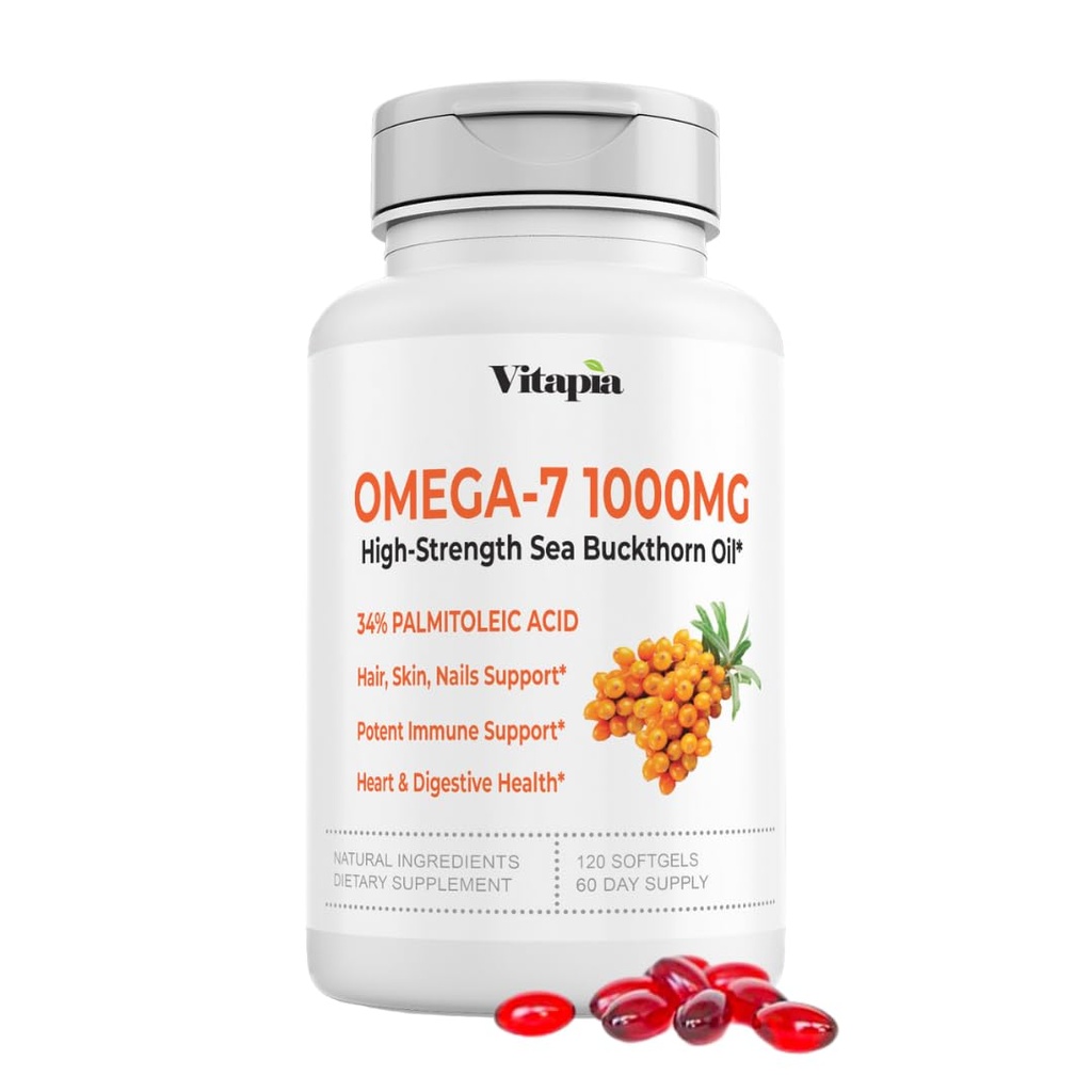 Vitapia Omega 7 Sea Buckthorn Berry Oil 1000mg für Haare, Haut, Nägel, Herzgesundheit Unterstützung - 34% Palmitoleic Säure & Natürliche Omega 3 6 9 Fettsäuren Supplement - 120 Kapseln, Non-GMO, Gluten-frei