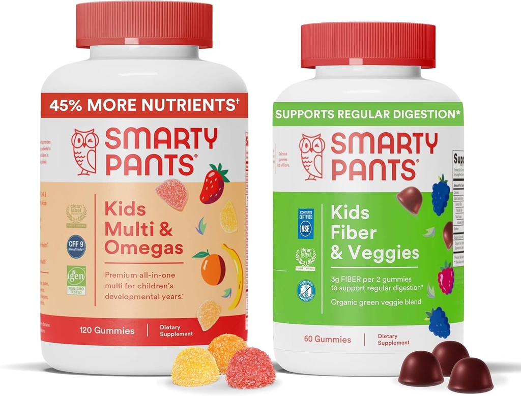 SmartyPants Kids Multivitamin + Fiber & Veggie Bundle: Omega 3 Fish Oil, Prebiotic Fiber, Gluten- Free, Three Fruit & Mixed Berry Flavor, Multi & Omegas (120 Count) + Fiber & Veggies (60 Count)