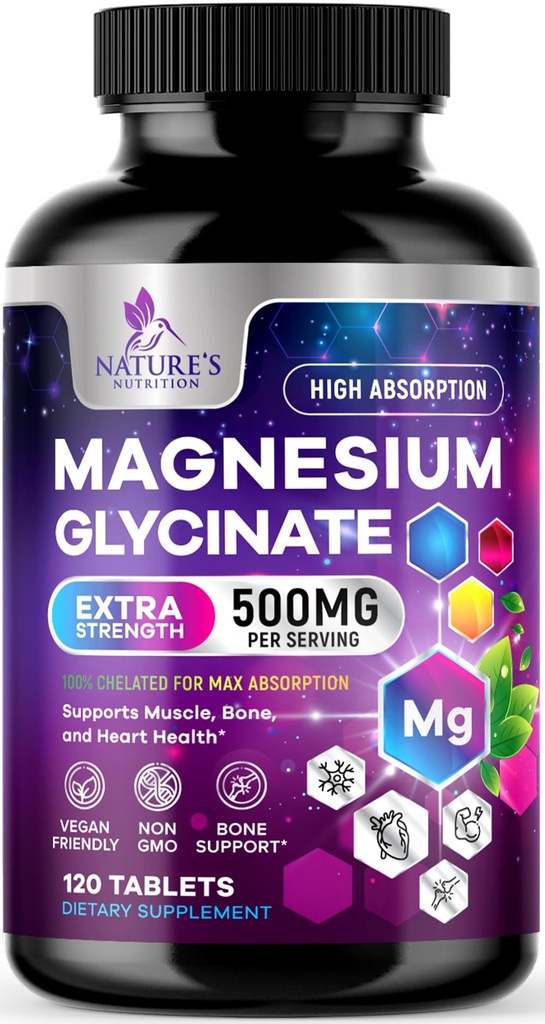 Magnesium Glycinate 500mg - Chelat für Ultra Absorption - unterstützt Knochen, Muskel, Nerven &amp; Herz Gesundheit, Natur Schlafunterstützung, beste Magnesium Ergänzung Pillen für Ganzkörperunterstützung - 120 Tabletten