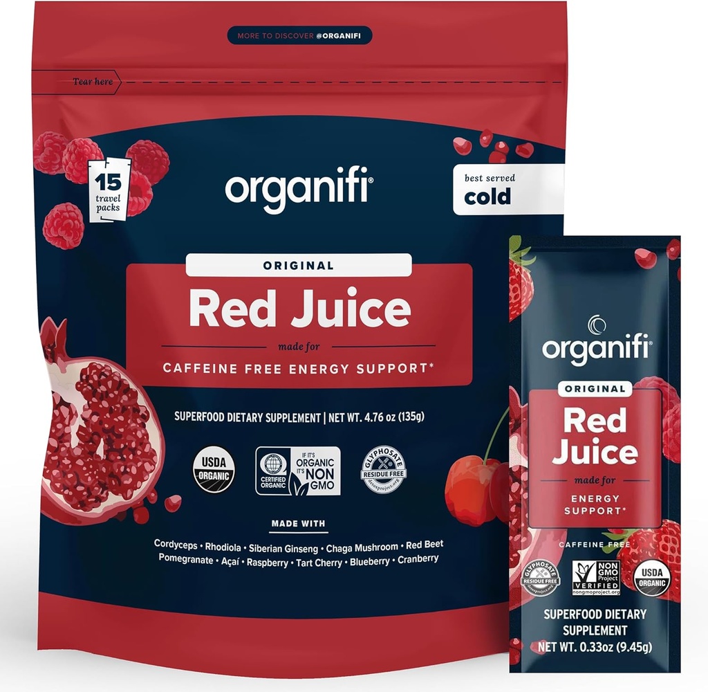 Organifi Red Juice - Energia Powder Csökkenti a délutáni baleseteket és növeli az emésztést és az immunrendszert, 15 Go csomagok