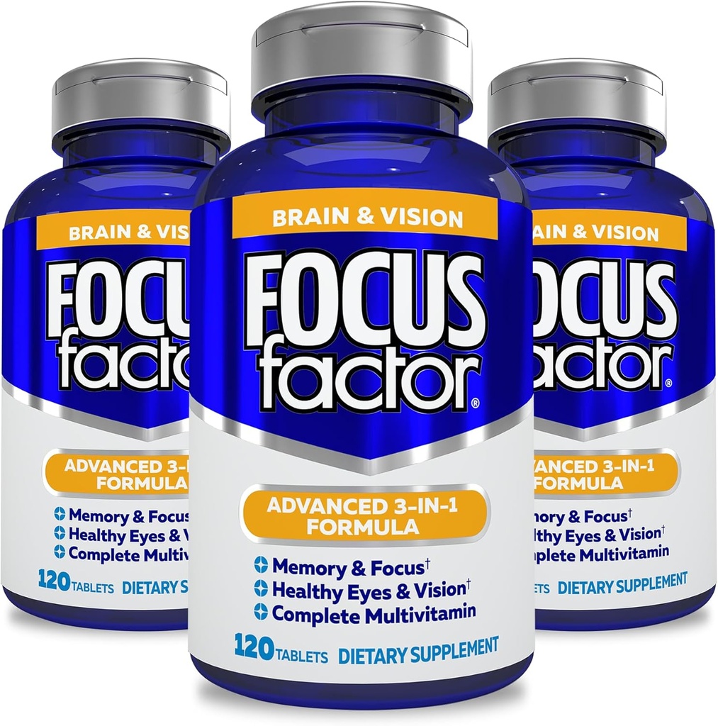 Fokusfaktor Erwachsene Gehirn- und Vision-Ergänzung, 120 Zähl-Augen-Vitamin, Mineral-Ergänzung, Komplett Multivitamin mit Lutein & Zeaxanthin – Gehirn-Ergänzung für Fokus, Konzentration, Speicher (3 Pk)