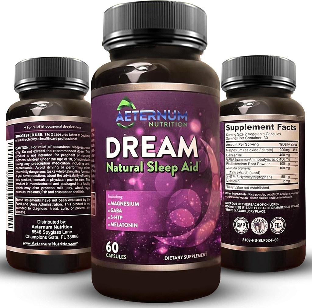 Dream Natural Sleep Supplement for Recept - Relaxing Sleep, Wake Rested - Non Habit Sleep Aid Capsules Free of Sugar, Carbs - Melatonin, Magnézium, 5HTP, L- Theanine, GABA - Non-GMO 60 Sleep Pills