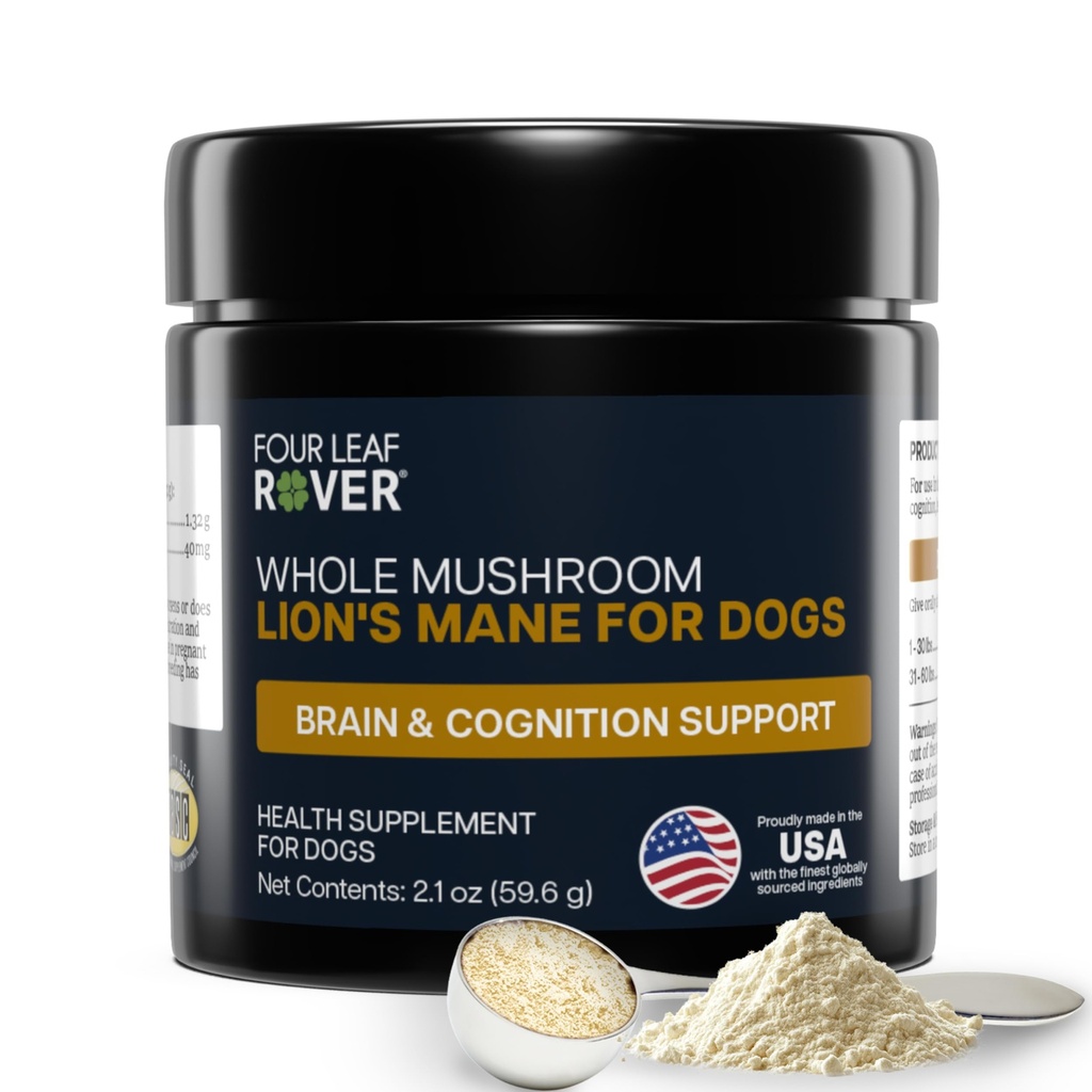 FOUR LEAF ROVER - Lion's Mane Mushrooms for Dogs - Supports Healthy Brains and Nervous Systems in Dogs of All Ages - Organic Whole Mushrooms - 3rd Party Tested - 60 Day Large Dog Supply