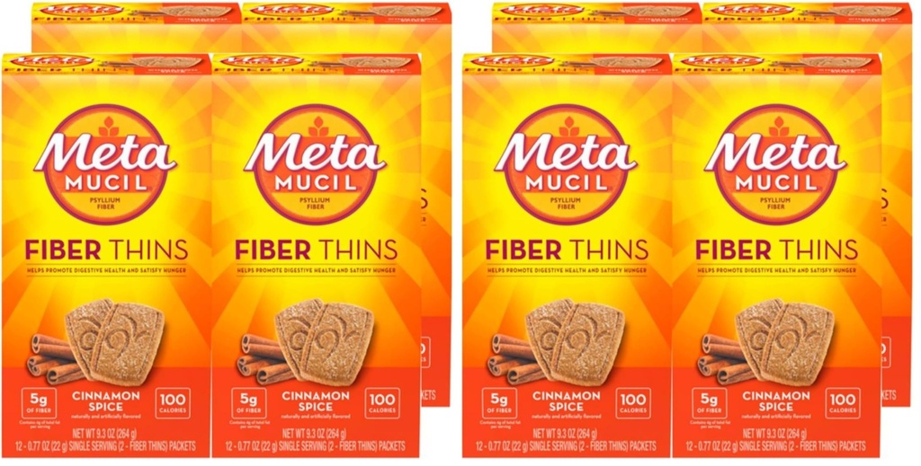 Metamucil Fiber Thins,Daily Fiber Supplement Snack,Psyllium Husk Powder,5g-Fiber per Serving,Supports Digestive Health and Satisfies Hunger,Cinnamon Spice Flavor,12 Servings Each,(Pack of 8)