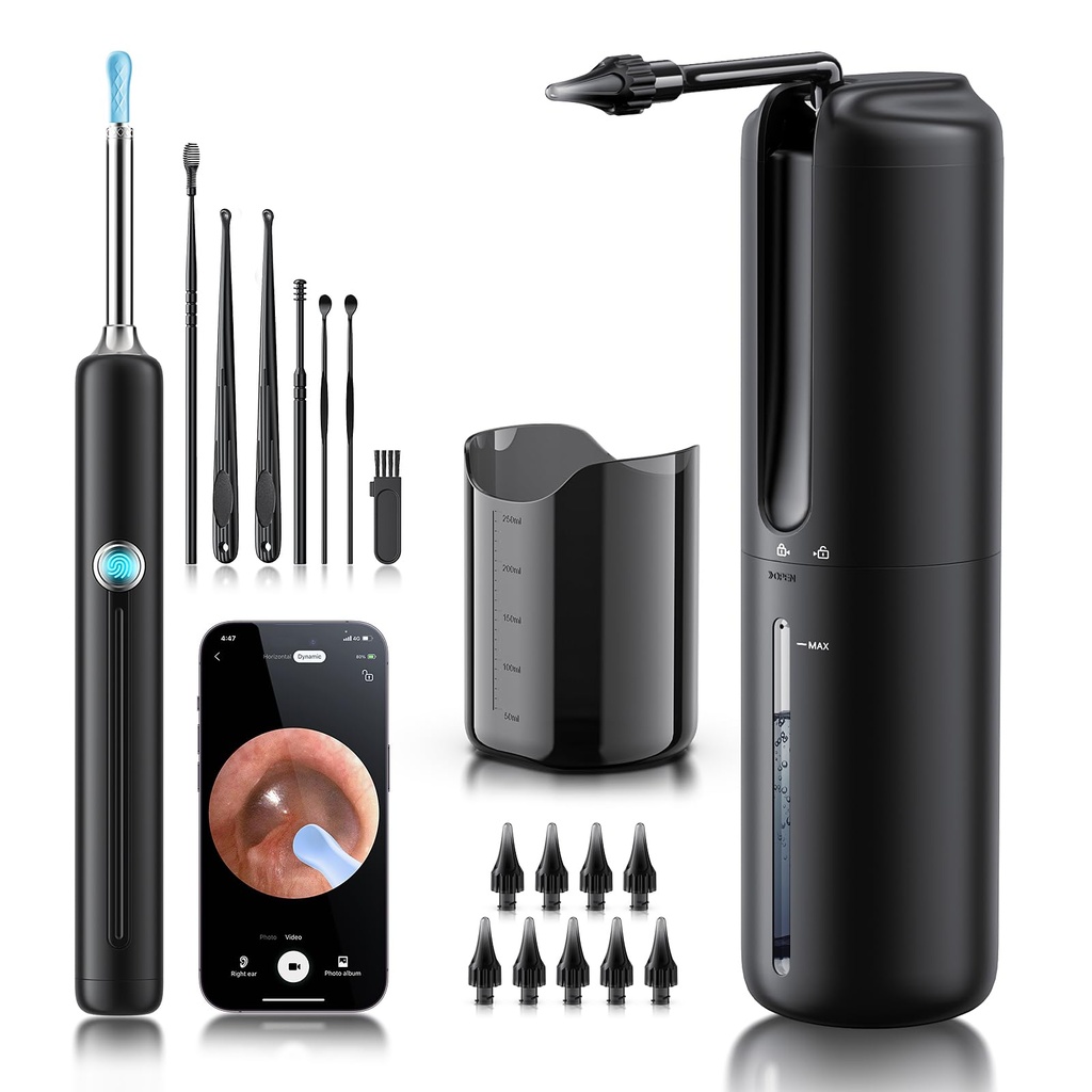 Ear Wax Removal - Elektromos fül öntözési Flushing System 4 Pressure Modes, Far Cleaner with Camera, 1080P Otoscope, Far tisztító eszköz 7 db Fülkészlet, Biztonságos és hatékony Earwax Removal Kit