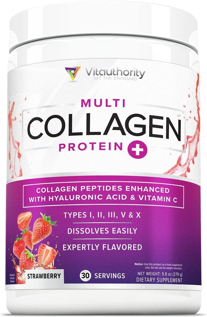 Multi Collagen Peptide Pulver für Frauen - hydrolysiertes flammenförmiges Kollagenpulver für Frauen mit Typen I II III V & X Vitamin C & Hyaluronsäure für Haarhaut und Nägel (Strawberry) - 30 Servierungen