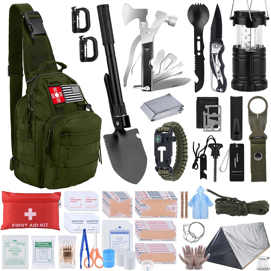 Survival Kit, Gifts for Fathers Day Men, Women, 251pcs Emergency Survival Gear and Supplies Equipment, First Aid Kit with Crossbody Bag, Camping Essentials for Earthquake, Hiking, Outdoor Adventure