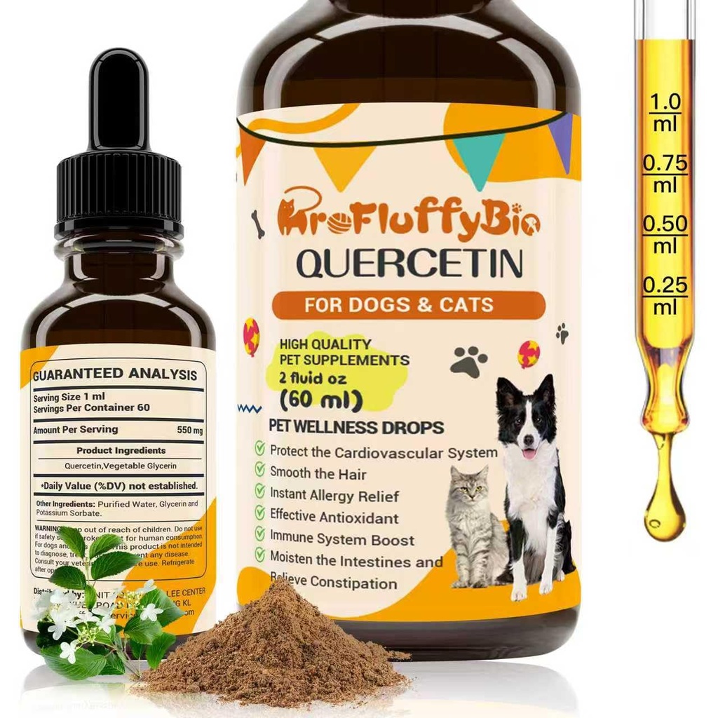 Quercetin for Dogs, Dog Quercetin Liquid Drops, Dog Quercetin Herbal Supplement Support Allergy Relief,Immune Health, Respiratory Health, Skin Health, Gluten Free, Non GMO (60 ml/2 Oz)