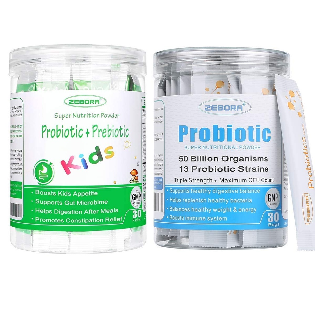 ZEBORA Probiotika für Frauen, Männer und Kinder Alter 3+, Präbiotika und Probiotika-Pulver für Verdauungs- und Immungesundheit – Unterstützt gesundes-respiratorisches System Gluten Free und Non GMO, 30 Taschen