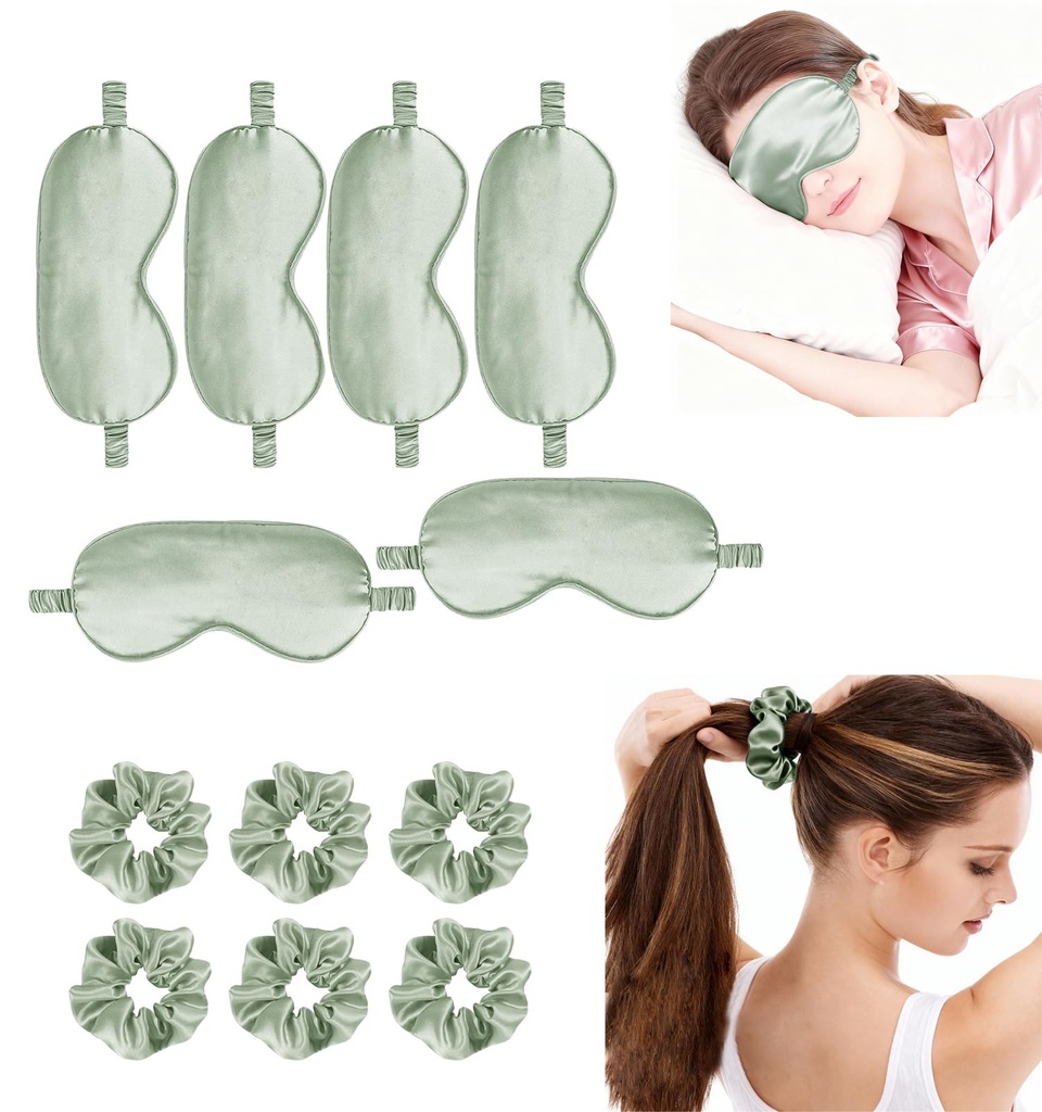 12Pcs Silk Sleep Masks Satin Eye Mask Silky Eyes Cover Blindfold Eyeshade Hair Ties Scrunchy Travel Bridesmaids Gifts
